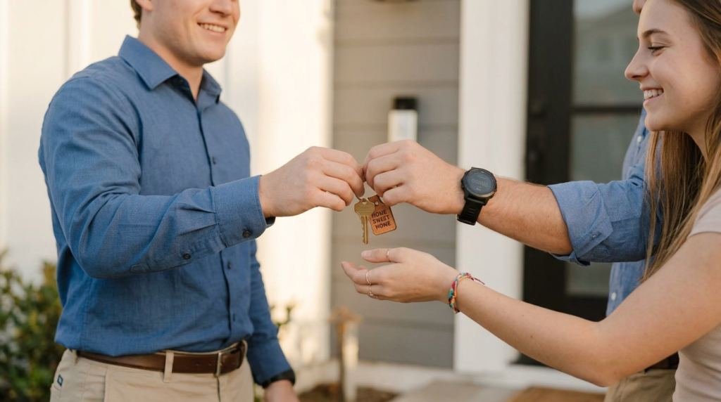 One person handing a set of house keys to another person outside a home.