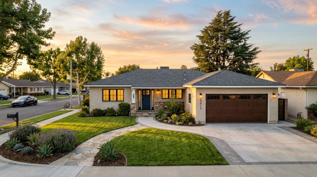 A single story ranch style home at dusk with lit windows, a two car garage, and a front lawn on a quiet residential street.