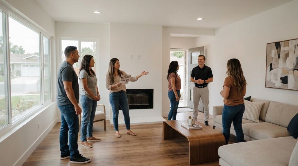 A group of people standing in a bright, empty living room during a home tour while one of them points out a feature of the room.