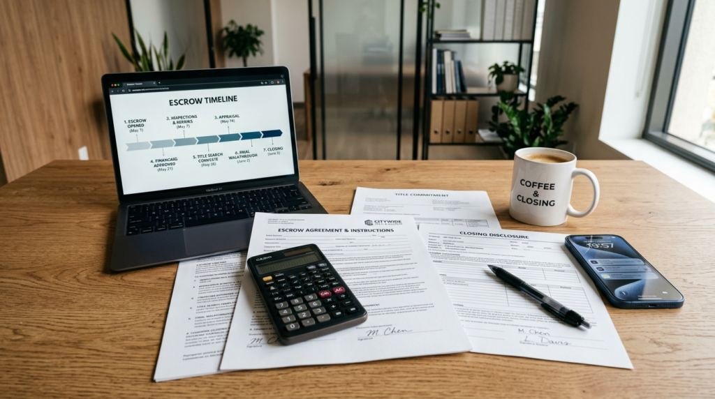 A laptop showing a loan amortization schedule next to printed loan pages, a calculator, a pen, and a coffee mug on a wood table.