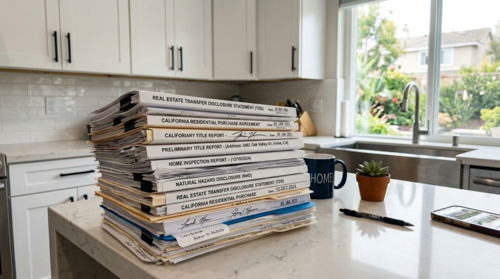A tall stack of disclosure paperwork sitting on a kitchen counter next to a coffee mug.