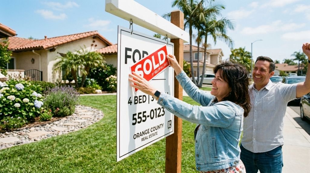 Two people attaching a red sold rider to a for sale sign in the front yard of a single story home.