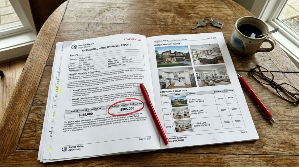 An open market analysis report showing property listings with a figure circled in red, next to a pen and a pair of reading glasses.