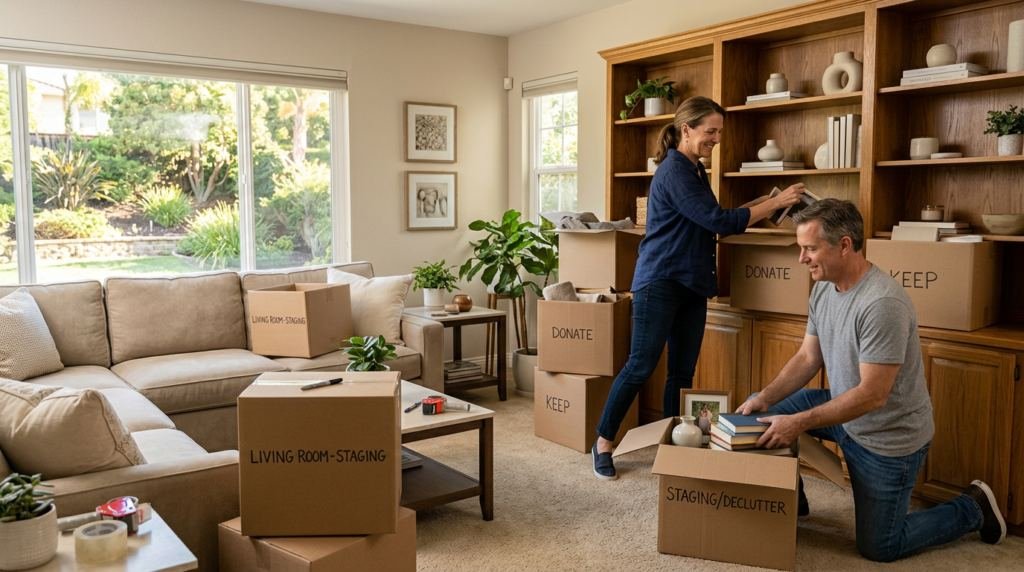 Two people packing boxes and clearing shelves in a living room while getting a home ready to sell.