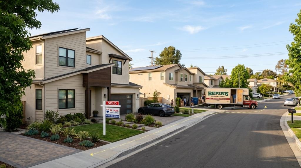 A two story home with a sold sign in the front yard and a moving truck parked further down the residential street.